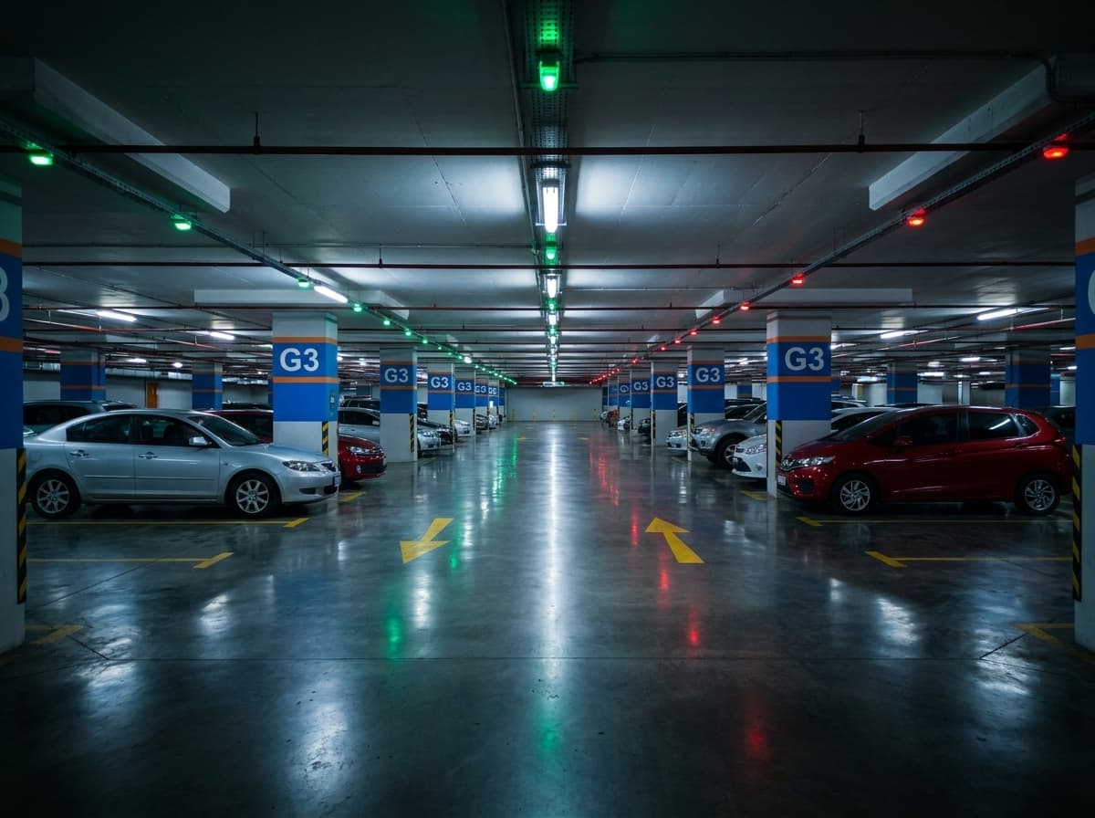 Estacionamento com sinalização de vagas ocupadas por sensores ou LED nos postes